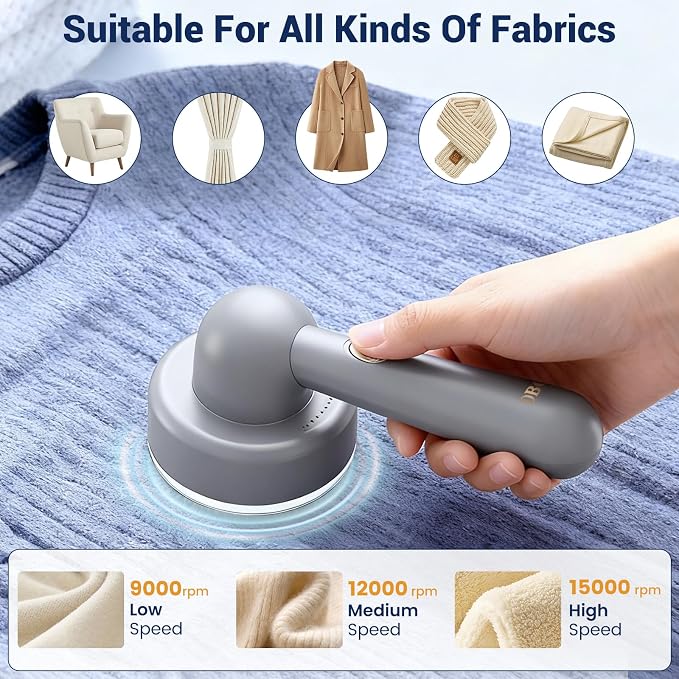 DBC Fabric Shaver Lint Remover for Clothes, Sweaters, Couch & Furniture | 6-Leaf Blade, 3 Speeds, 2H Runtime, Portable Design Perfect for Travel, Includes 2 Extra Blades, Grey