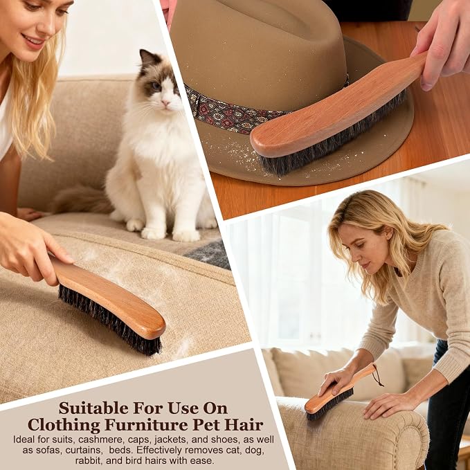 2 Pcs Lint Brushes for Clothes with 100% Soft Horse Hair Bristle Beech Wood Handle Natural Reusable Garment Brush Lint Remover for Hat Wool Coats Suits Hat Velvet Furniture Pet Hair Shoe