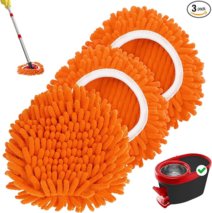 Baderke 3 Pack Chenille Mop Heads Replacements Compatible with 1 Tank System Chenille Duster Replacement Heads Microfiber Spin Mop Refill Pads Reusable Dust Refills for Floor Cleaning (Orange)