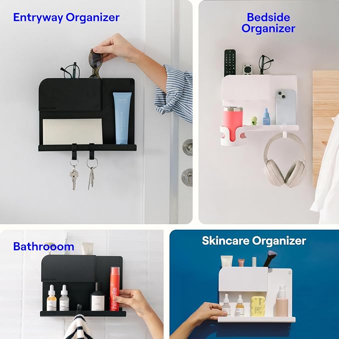 WallShelfie Bedside Wall Organizer & Dorm Decor - Dorm Room Essential, Floating Bedside Shelf Wall Mount Organizer, Remote Control Holder, Cool Teen Girls Trendy Stuff - 2.0, White