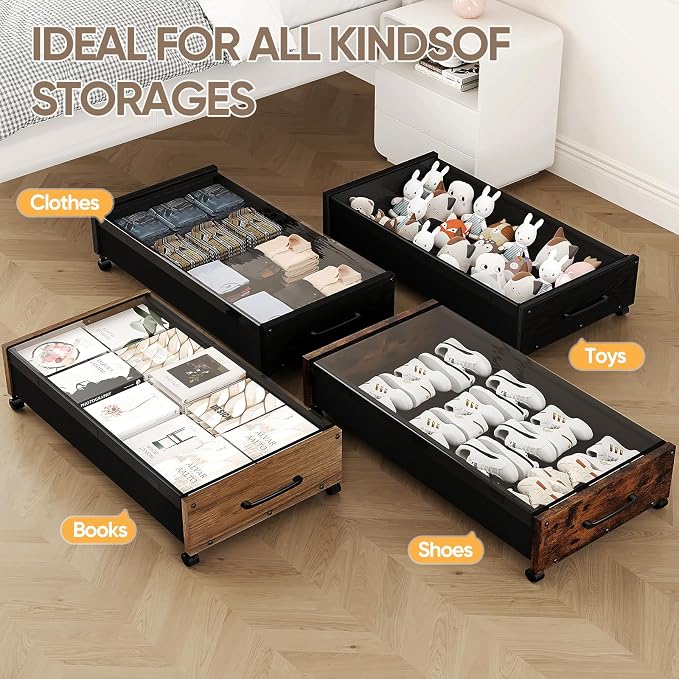KITHELP Wooden Under Bed Storage with Wheels, Rolling Under the Bed Storage Bins with Removable Lid, Metal Under Bed Drawers for Clothes and Shoes in Bedroom or Living Room(Vintage Brown-1pack)