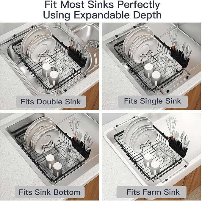 MAJALiS Dish Drying Rack Over The Sink with Utensil Holder, Mat | Expandable Stainless Steel Dish Drainer for Small Kitchen, Apartment, RV, Counter Space Saving, Perfect Fit, Rustproof