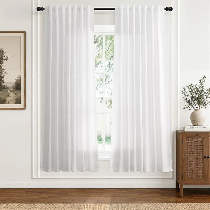 Hokibero White Linen Curtains 72 Inches Long for Living Room 2 Panels | Light Filtering Semi Sheer Curtain, Back Tab Rod Pocket Pleated Look, White Window Drapes for Bedroom Privacy, Boho Farmhouse