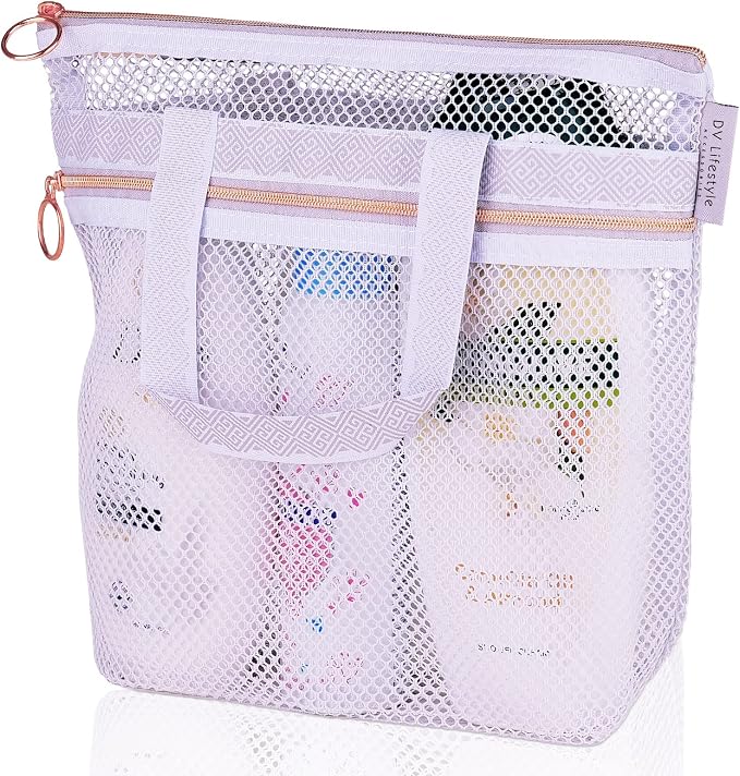 DV Lifestyle Mesh Shower Bag 10.2x9.9'' Quick-Dry Caddy with Zipper & 2 Pockets. Portable Toiletry Tote for Bathroom, Gym, Travel, Camp, Beach, for Sunscreen, Dorm & College Essentials (Light Gray)