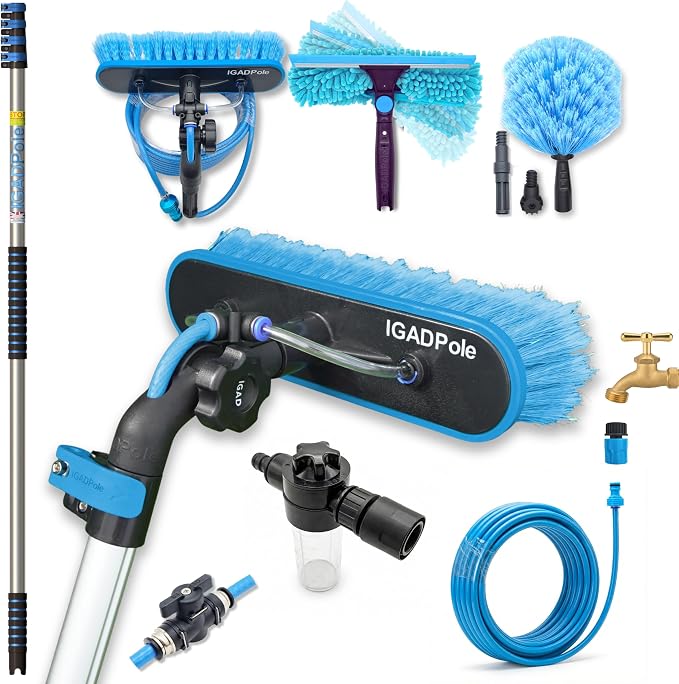 IGADPole 17 FT Water-Fed Washing Kit with Soap-Dispenser, Brush, 10″ Squeegee & Cobweb Duster for Windows, Gutters, Solar Panels & Exterior Walls