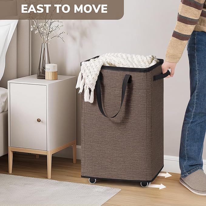 Goodpick 75L Collapsible Laundry Baskets with Removable Wash Bag and Wheels | Laundry Basket with Wheels, Rolling Laundry Hamper with Handle for College Dorm, Laundry Hamper on Wheels, Light Brown