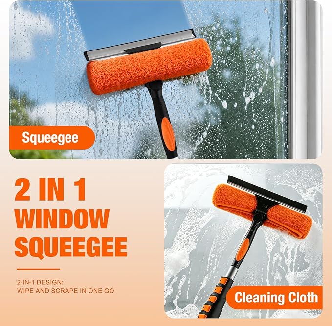 LAANPOLE 30FT Window Squeegee with Extension Pole, 2-in-1 Squeegee for Window Cleaning, Professional Cleaning Kit for Home with 24FT Telescoping Pole for Outdoor Indoor Use