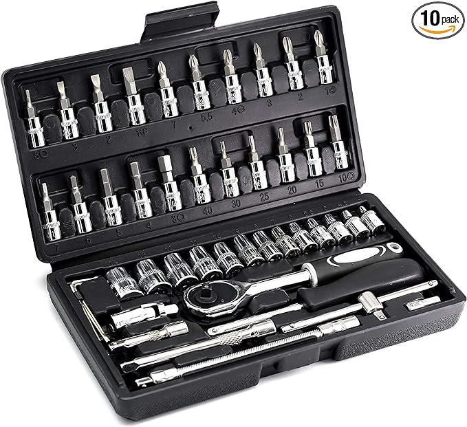 46PCS 1/4 inch Drive Socket Set,Metric Ratchet Wrench Set with 4-14mm CR-V Sockets,S2 Bits,Extension Bars,Mechanic Tool Kits for Household Auto Repair