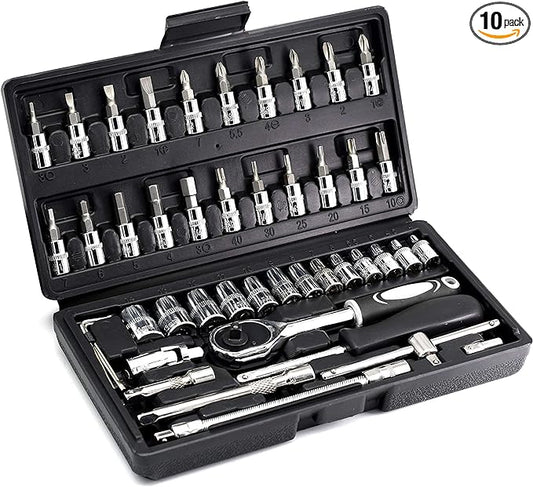 46PCS 1/4 inch Drive Socket Set,Metric Ratchet Wrench Set with 4-14mm CR-V Sockets,S2 Bits,Extension Bars,Mechanic Tool Kits for Household Auto Repair