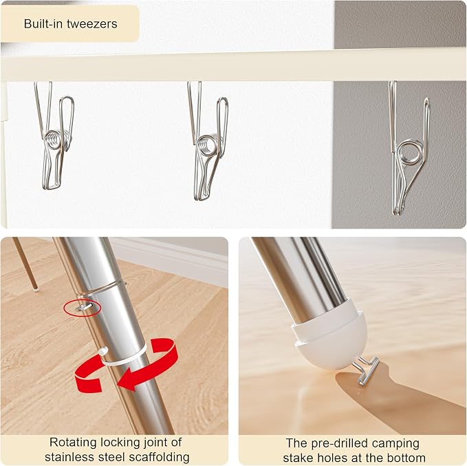 Foldable Tripod Clothes Drying Rack - 6 Clothes Arms & 12 Underwear Clips & 12 Hanging Points & Stainless Steel Legs/Clothes Rods, Portable Clothing Airer for Suitcase RV Balcony Camping
