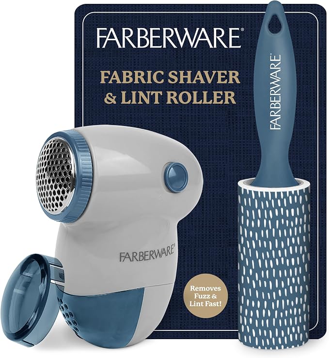 Farberware Fabric Shaver & Lint Roller Set, Small, Portable | Sticky sheets lift pet hair and dust, triple-blade design restores fabrics to like-new condition, for clothing and bedding