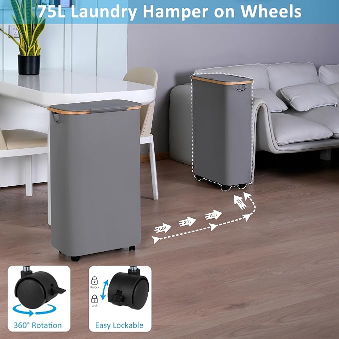 efluky Slim Laundry Basket with Wheels, Tall Rolling Laundry Hamper with Lid and Removable Bag, Aesthetic Dirty Clothes Hamper on Wheels for Laundry Room, Bedroom, Dorm and Bathroom,75L Grey