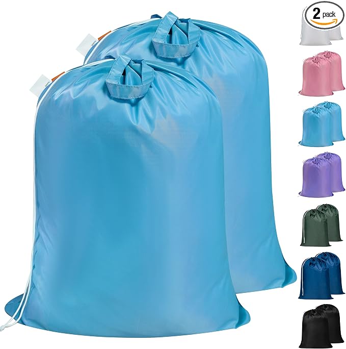 2 Pack Extra Heavy-Duty Laundry Bag with Handle, Gulf Blue, 28x36" | Extra Large, Name ID Tag, Machine Washable, Reinforced Handles, Drawstring Closure, For College Dorm Travel