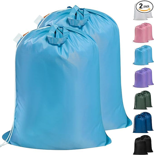 2 Pack Extra Heavy-Duty Laundry Bag with Handle, Gulf Blue, 28x36" | Extra Large, Name ID Tag, Machine Washable, Reinforced Handles, Drawstring Closure, For College Dorm Travel