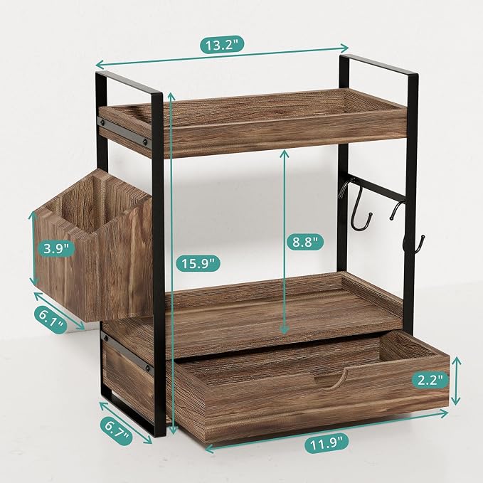 Kottwca 2-Tier Bathroom Counter Organizer with Drawer, Basket & Hooks, Wooden Vanity Shelf for Skincare, Perfume & Makeup Storage(Dark Brown)