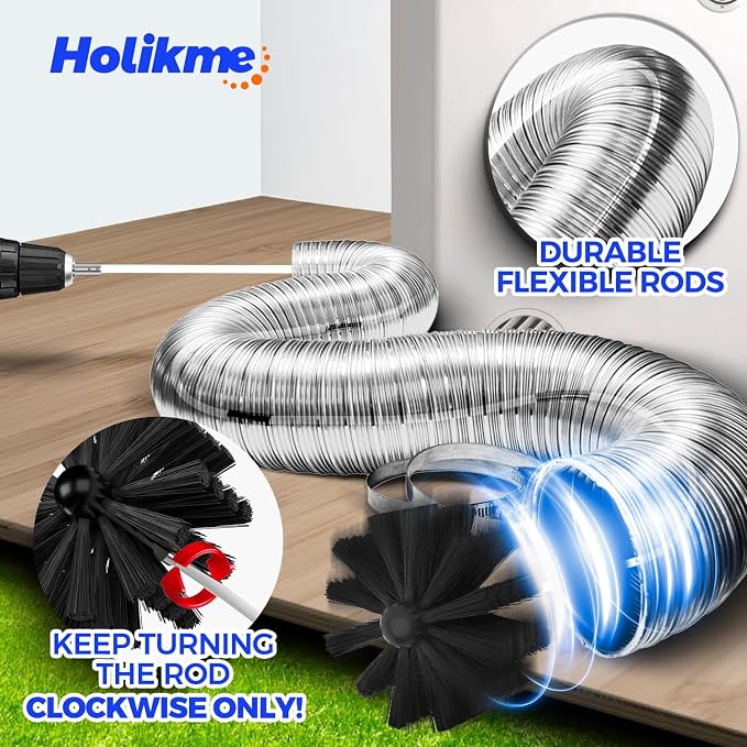 Holikme 15 Feet Dryer Vent Cleaner Kit, Lint Remover, Extends Up to 15 Feet, Synthetic Brush Head, Use with or Without a Power Drill