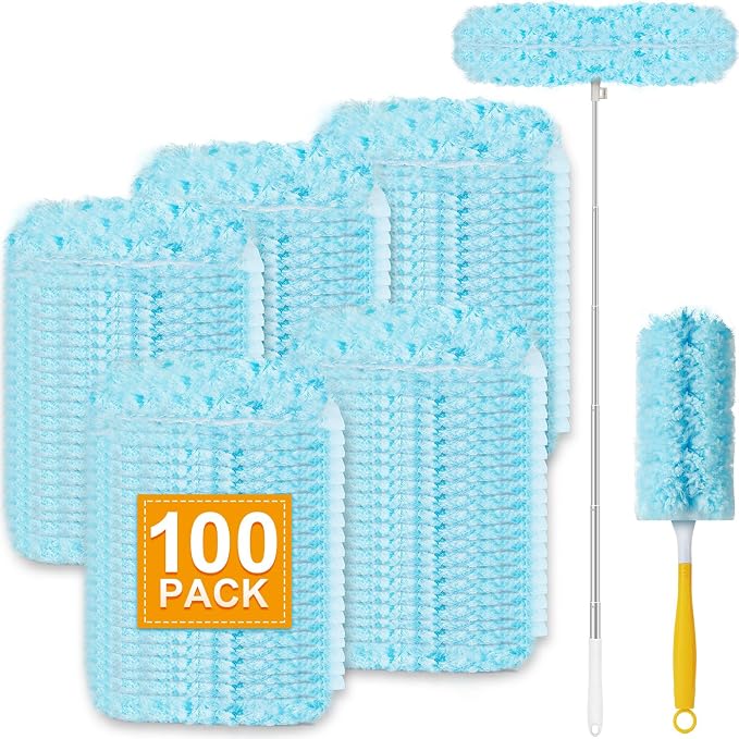 100Pcs Duster Refill Compatible with Swiffer Hand Duster +4FT Extended Handle +1 Handle, 360° Heavy Duty Duster Refills Kit for Cleaning, Office, Ceiling Fan, Baseboard & Blind