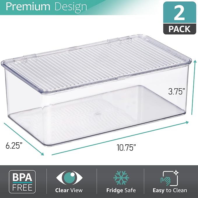 Sorbus Pantry Storage Organizer with Lids- Clear Plastic Refrigerator Organizer Bins- Multi Purpose & Versatile Stackable Cabinet Organizers- Cosmetics, Laundry, Office Supplies Food Organizer- 2 Pack