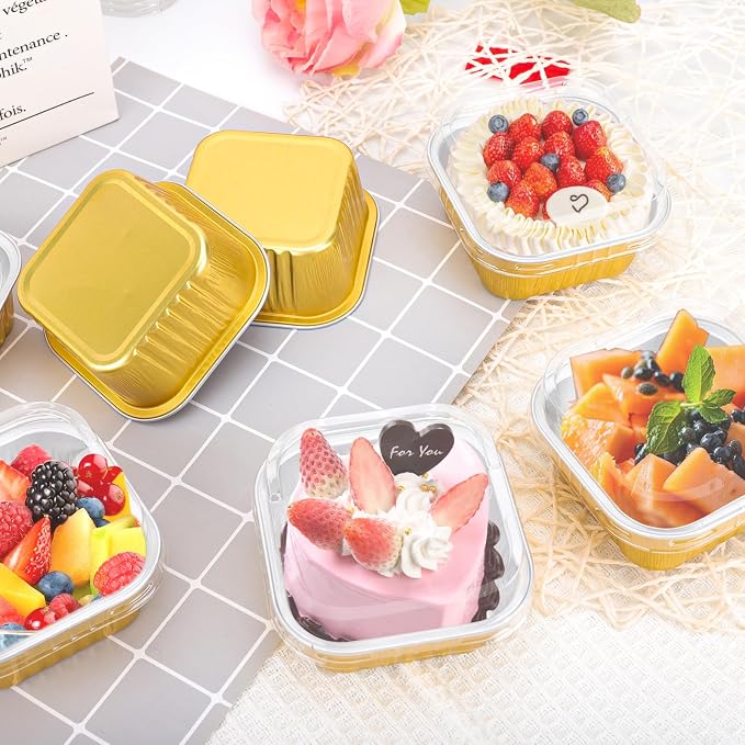 100Pack 5oz Gold Mini Cake Pans with Lids Baking Cups Aluminum Foil Pans Tins, Individual Dessert Cups Containers for Sales,Party,Picnics