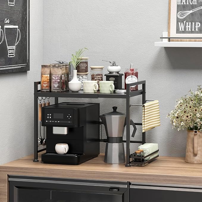 Expandable Microwave Stand Kitchen Countertop Organizer With Storage, Black | Adjustable Microwave Oven Rack Metal Storage Shelf for Pans Small Appliances Kitchen Utensils Tableware, 2-Tier