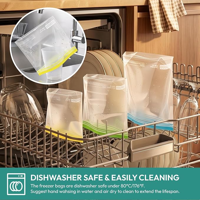 24 Pack Reusable Food Storage Bags Stand Up, Dishwasher Safe BPA Free Gallon Freezer Bags, Extra Thick Leakproof Ziplock Sandwich Snack Bags for Meal Prep Travel（8 Gallon,8 Half Gallon, 8 Sandwich)