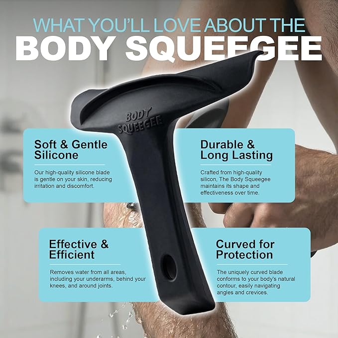 The Body Squeegee Original Silicone Squeegee for Body, Curved Water Remover for Skin, Post-Shower Drying Tool, Hygiene Tool for Reducing Muskiness in Towels, Shower Accessory and Bathroom Essential