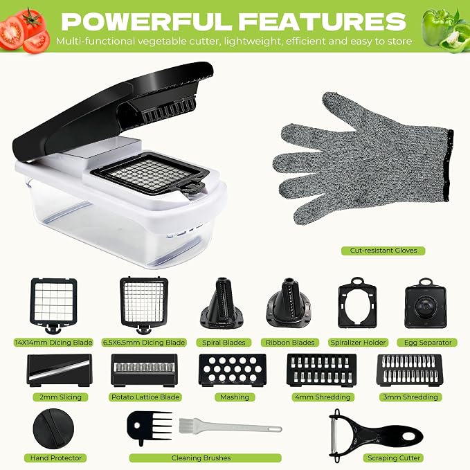 Vegetable Chopper, 17-in-1 Food Chopper with Built-in Container, Includes Cut-Resistant Gloves & Interchangeable Blades, Potato Onion Slicer for Salad Prep, Kitchen Gadgets for New Home