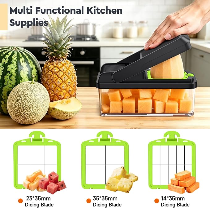 MealHelper 15-in-1 Vegetable Chopper, 10 Blade Veggie Chopper, Practical Food Chopper with Container, Cheese Grater, Home Essentials & Kitchen Gadgets(Green)