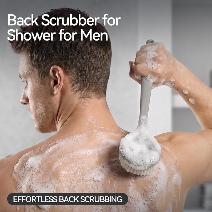 Back Scrubber for Shower for Men Women, Body Brush with Long Handle, Exfoliating Bath Washer with Soft Bristles, Body Exfoliator for Wet or Dry Brushing, Back Scrub Deep Cleaning, Gray
