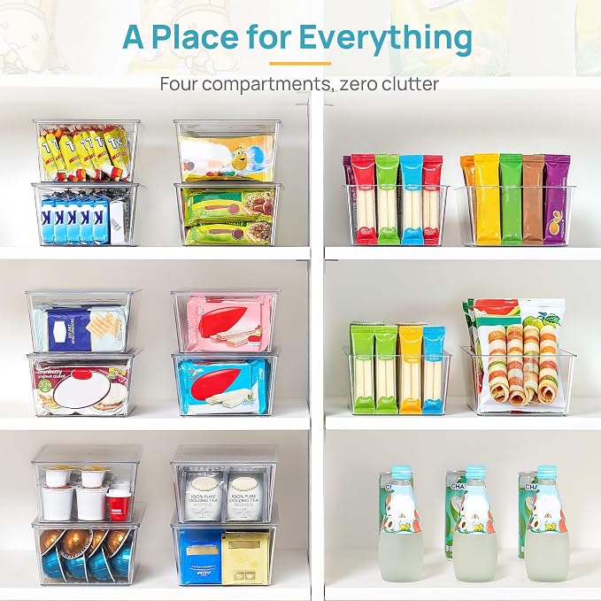 Vtopmart 2 Pack Stackable Pantry Organizer Bins with Lids, Clear Plastic Storage Containers with Removable Dividers, Tea Bag Organizer for Snack Packets, Spice Packets and Kitchen Cabinet Storage