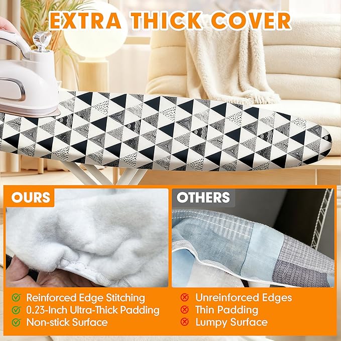 Ironing Board Cover and Pad, 18x49 Extra Wide Thick Iron Padding, Scorch & Stain Resistant Ironing board cover, Heavy Duty Iron Board Padded with Adjustable Fasteners Elastic Edge, Geometric Grey