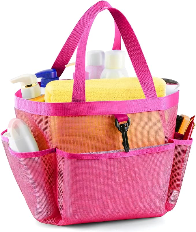 LOYEE Mesh Shower Caddy Portable for College Dorm Room Essentials with 8 Pockets, Shower Bag for Beach, Swimming, Gym, Travel, Bathroom(All rose pink)