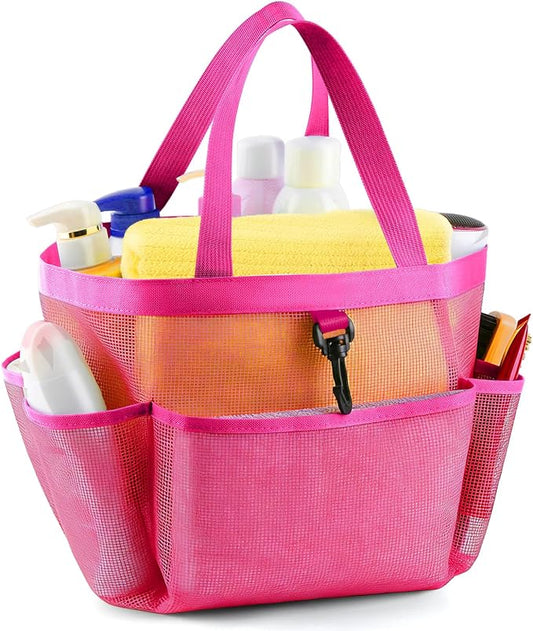 LOYEE Mesh Shower Caddy Portable for College Dorm Room Essentials with 8 Pockets, Shower Bag for Beach, Swimming, Gym, Travel, Bathroom(All rose pink)