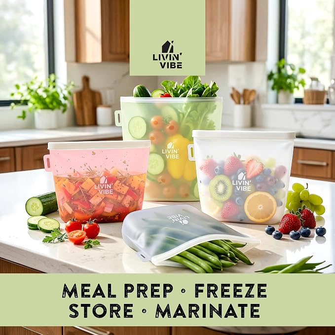 Reusable Silicone Food Storage Bags – Set of 4 Multicolor (500ml/17oz, 1000ml/34oz, 1500ml/51oz, 2000ml/68oz) – Leakproof, Freezer, Microwave, Oven & Dishwasher Safe, BPA-Free