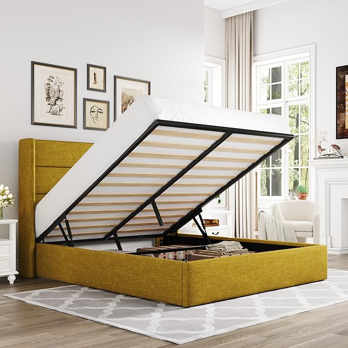 Allewie Full Size Lift Up Hydraulic Storage Bed Frame Olive Yellow | Modern Wingback Headboard, Hydraulic Support Storage, No Box Spring Needed