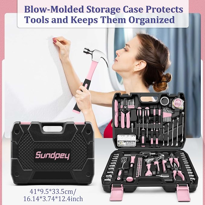 Sundpey 281 Pcs Home Tool Kit Portable Complete General Hand Tool Set Pink | with Socket Wrench Set & Screwdrivers & Hex Keys & Pliers Set,Women Toolbox Set for Household Car House Garage Apartment Dorm