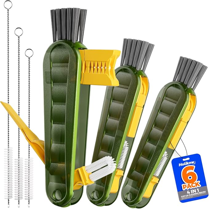 Holikme 6 Pack 4 in 1 Cup Lid Cleaning Brush 3 Straws Bottle Brush,Olive | 4 in 1 Cup Lid Cleaning Brush Multifunctional Bottle Brush, Silicone Cup Lid Gap Cleaner, Bristle Crevice Cleaning Brush