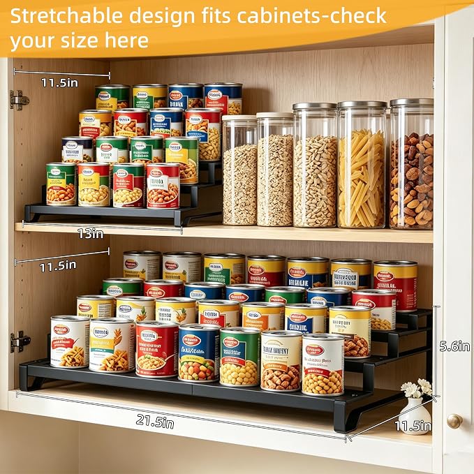 Attelite 4 Tier Expandable Can Rack Organizer for Pantry, Adjustable 13"-21" Metal Soda Can Organizer, Pantry Organization Canned Food Storage Holder for Kitchen Cabinet Countertop, Black 2Pack