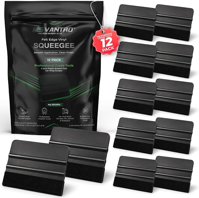 Professional Value 12 Pack PP Black Felt Edge Vinyl Squeegee Tool 4 Inch Plastic Scratch Free Car Wrap Scraper Decal Applicator for Window Tint Film Wallpaper Smoothing Tool