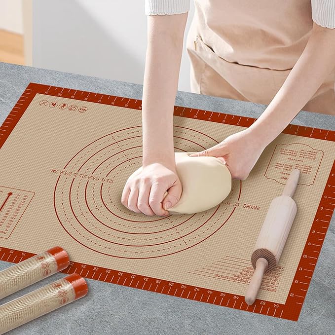 Premium Silicone Baking Mat, 24" x 16" Extra Thick Pastry Rolling & Sourdough Mat with Measurement Guides, Non-Stick Baking Supplies for Making Pizza, Pie, Cookies, and Bread at Home or Bakery