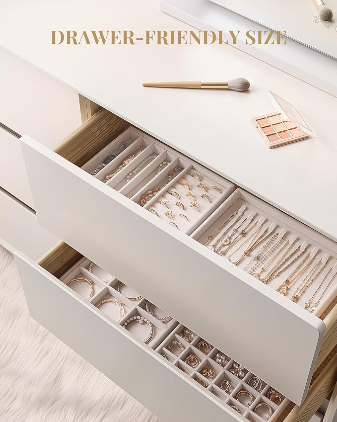 Lolalet Jewelry Drawer Organizer Inserts, Stackable Velvet Tray Jewelry Storage Organizers Set Display Cases for Necklaces Bracelets Earrings Rings Chains Bangles Watches, Beige, Set of 4