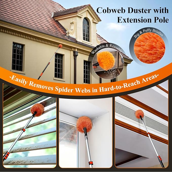 26ft High Reach Cobweb Duster with 20ft Extra Long Extension Pole | Washable Telescoping Spider Web Brush for High Ceilings, Vaulted Ceilings, Churches & Eaves, Indoor/Outdoor Cobweb Cleaner