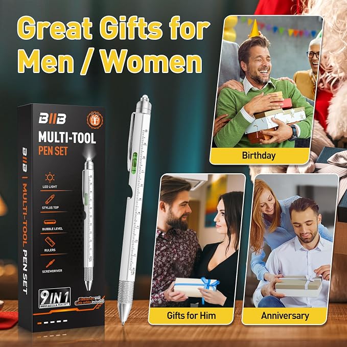 BIIB Gifts for Men 9 in 1 Multitool Pen, Mens Gifts for Him Dad Husband, Dad Gifts from Wife Daughter, Gift for Mens Who Have Everything, Cool Gadgets for Men, Useful Tools