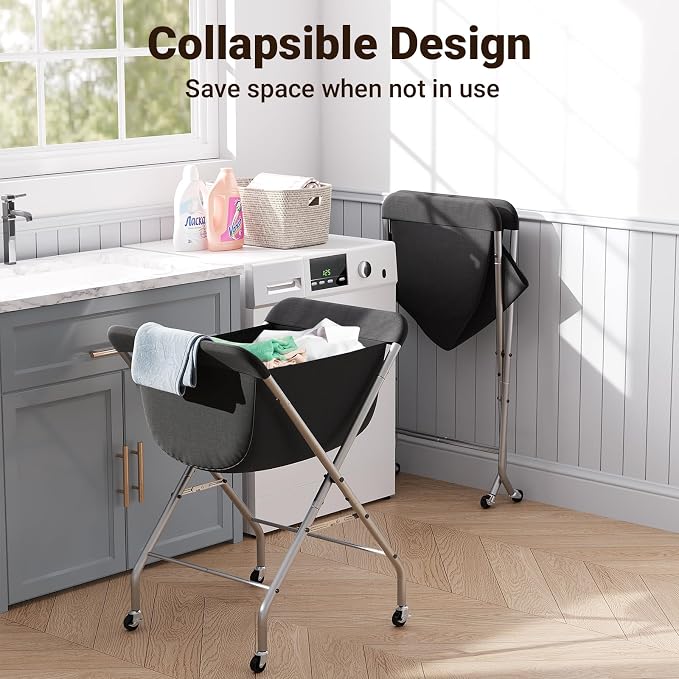 ELYKEN Laundry Basket with Wheels, Collapsible Laundry Hamper, Black | Removable Liner Bag, Foldable Design, 118L Capacity, Sturdy Metal Frame, 4 Casters, Laundry Cart for Bedroom, Laundry Room