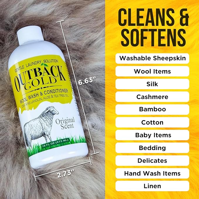 Outback Gold Wool Wash 16 oz, Original Scent, pH Neutral, Made in USA | Plant-based, pH-neutral wash for wool, cashmere, silk, sheepskin & baby items. Original floral scent, HE compatible.