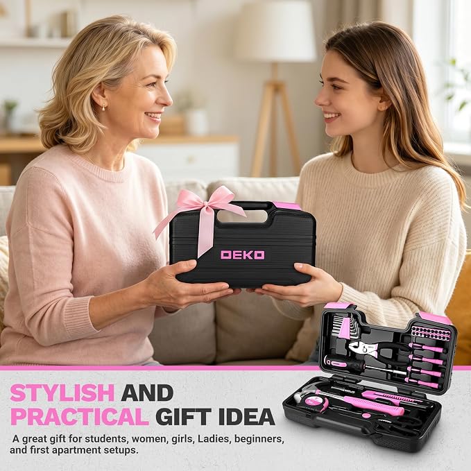 DEKOPRO 39-Piece Pink Household Tool Kit for Women, Basic Hand Tool Set with Plastic Toolbox Storage Case, Small Starter Tool Box Set for Home Repairs, DIY Projects, Crafts and Dorm Essentials