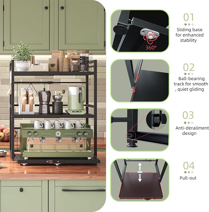 NETEL 3 Tier Expandable Microwave Stand countertop,Microwave Oven Rack | Pull-Out Microwave Shelf, storage shelves for pans &appliances,Adjustable partition height，55 Lbs load Per Tier,Black