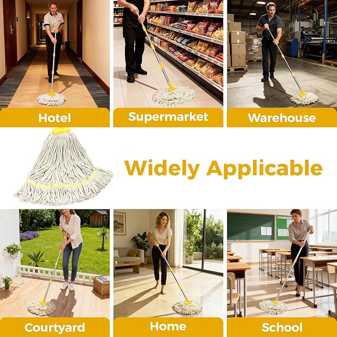 Indoor Mop with Strings for Floor Cleaning, Cotton Mops with 59” Long Handle Household String Mop for Hardwood Wood Tile Floors Cleaning,1 Mop Handle & 1 Cotton Mop Head