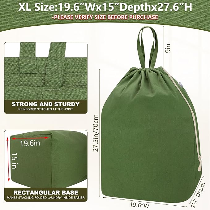 Canvas Laundry Bags with Handles & Rectangular Base, 20"Wx15"Dx27.6"H Green | Extra Large Heavy Duty Laundry Basket Hamper Liner Replacement, Washable Drawstring Dirty Clothes Bag, Canvas Storage Sack