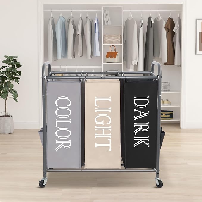 STORAGE MANIAC 3 Section Laundry Sorter, 35.6 Gal (135 L) Laundry Hamper Cart with Heavy Duty Rolling Lockable Wheels and Removable Bags, Clothes Organizer Basket Separator Hamper, Multicolored